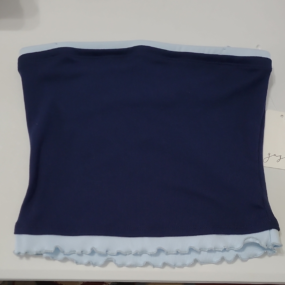 NWT Gaze Navy Blue Ribbed Crop Top with Light Blue Contrast Detail size Medium